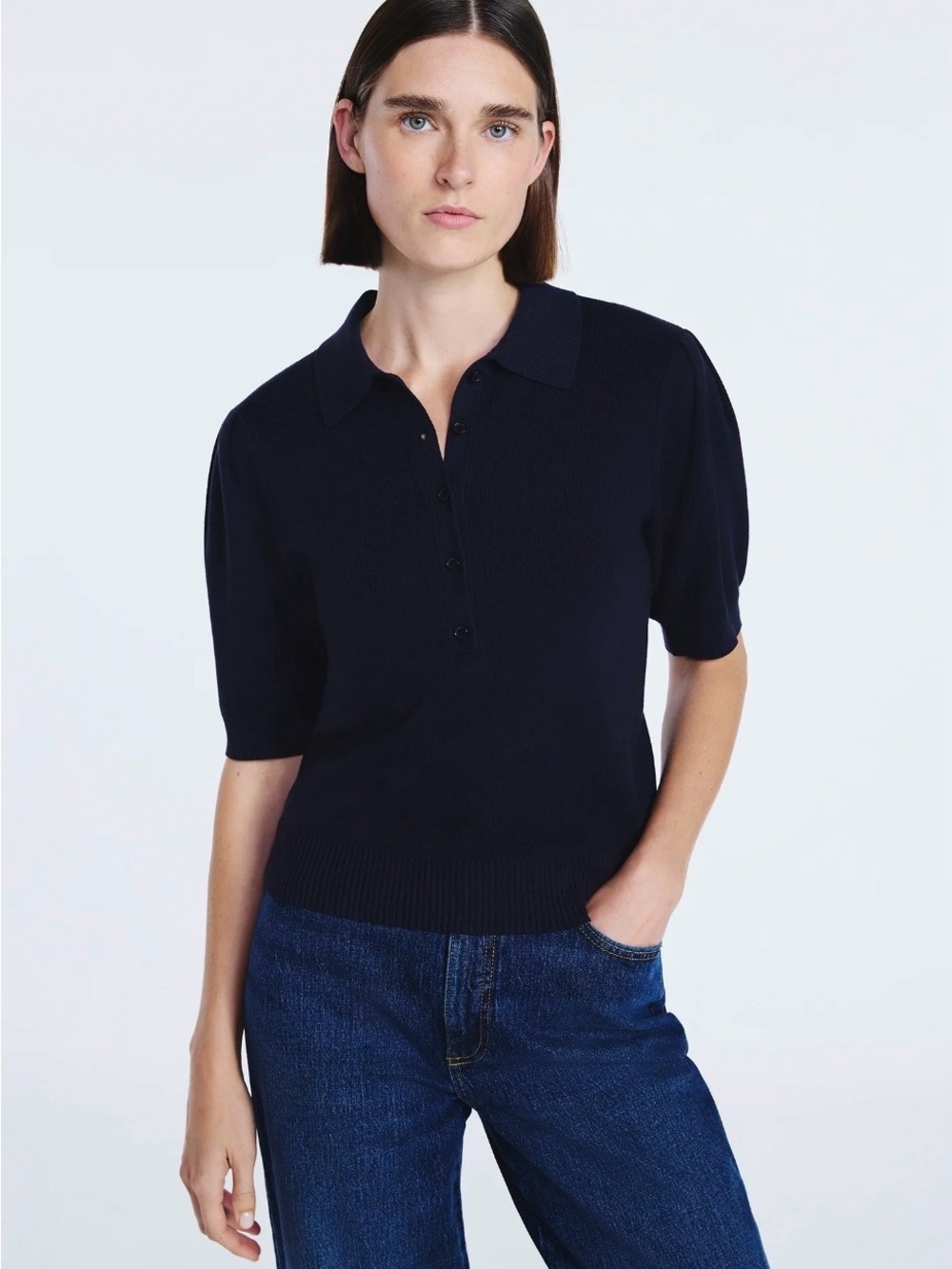 Free Assembly Knit Polo Sweater - Navy Crewneck Polo